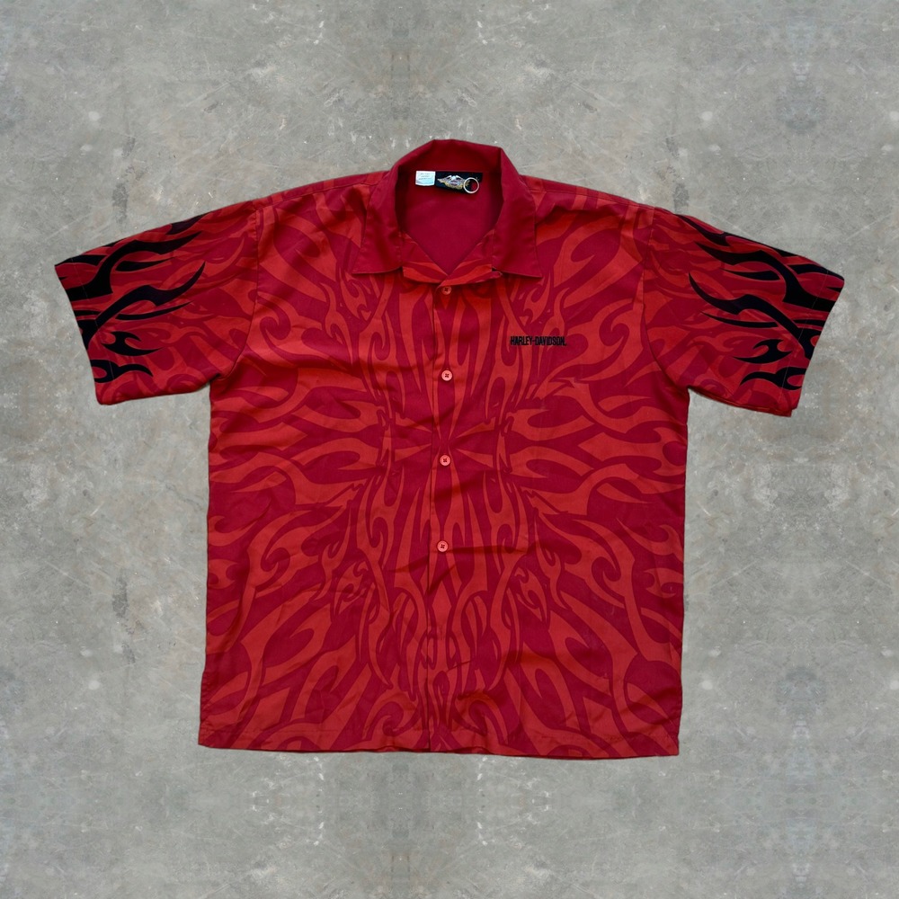 Y2K Harley-Davidson Mens Red Flames Button Up Shirt Large Biker Oversized